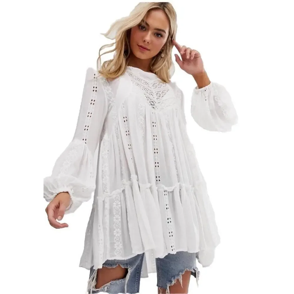 Free People Kiss Kiss Ivory White Tunic Bohemian Lace Embroidered Top Small